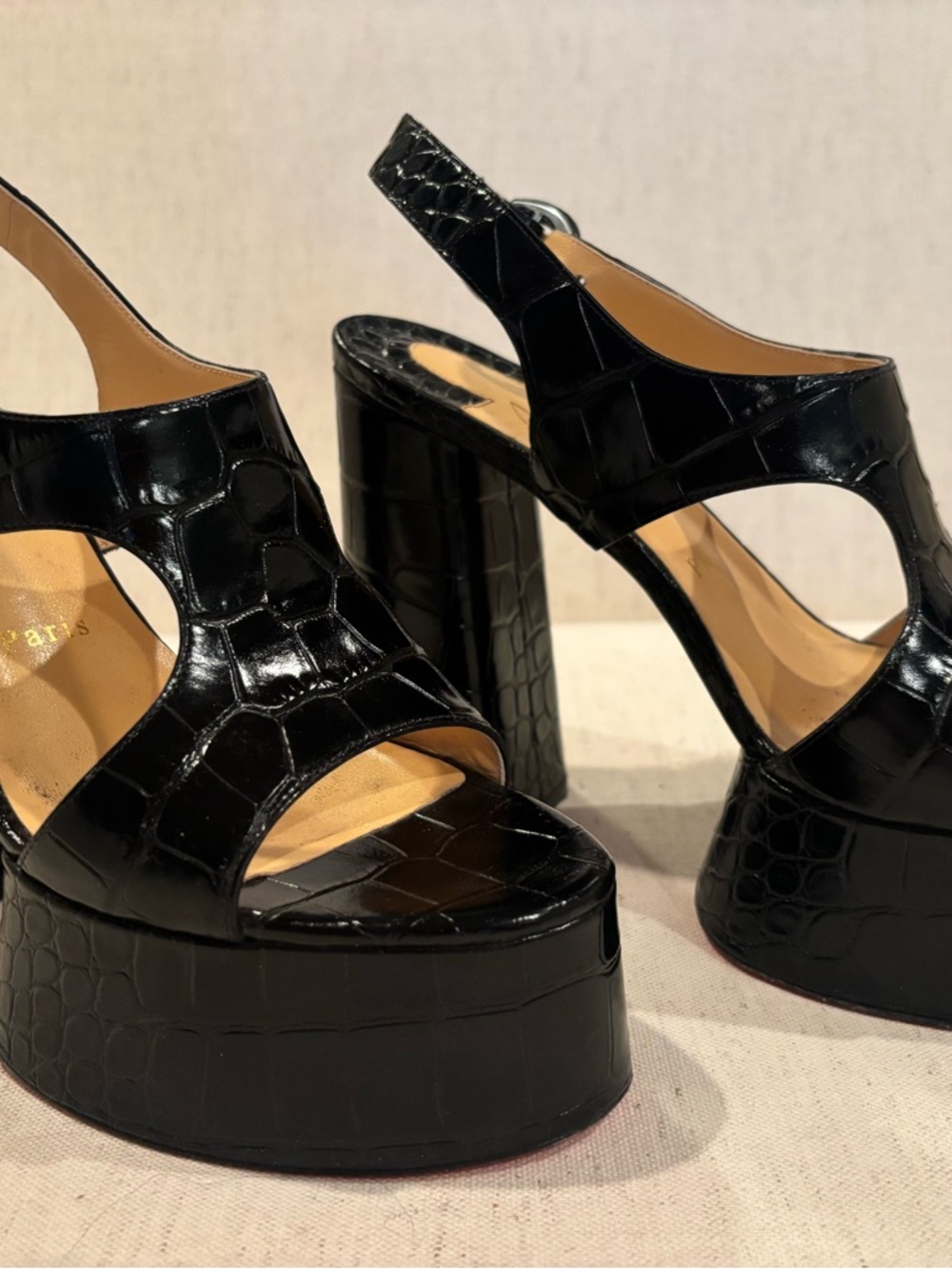 Christian Louboutin Black Croc-Embossed Platform Slingback Sandals